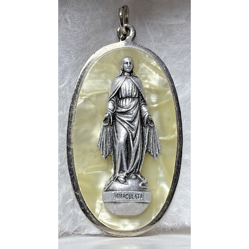 Immaculata Virgin Mary Saint Pendant Silver Metal Faux Mother Pearl Celluloid